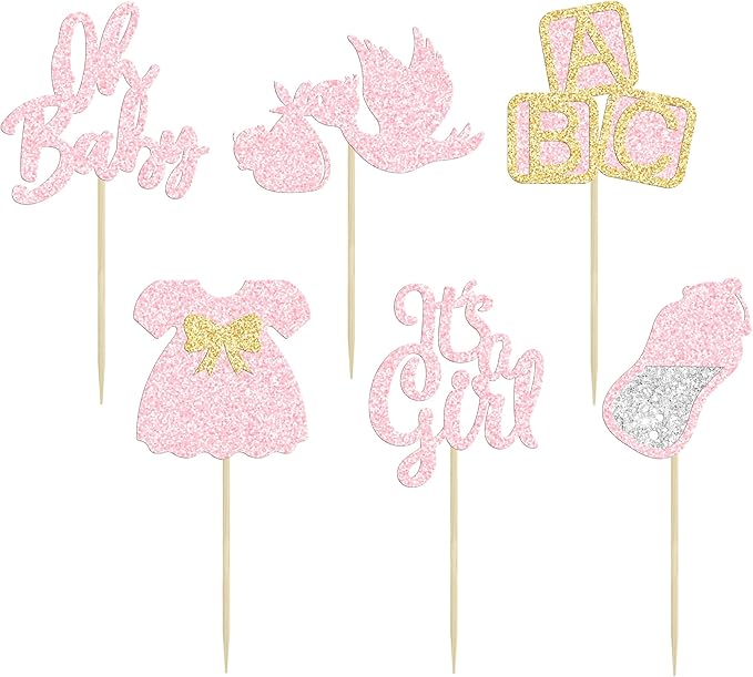 24Pcs Oh Baby Cupcake Toppers It's a Girl Cupcake Toppers with Bow Dress Bottle Swan Light Pink Glitter Babyshower Gender Reveal Cake Picks Decorations for Baby Shower Girl Birthday Party Supplies