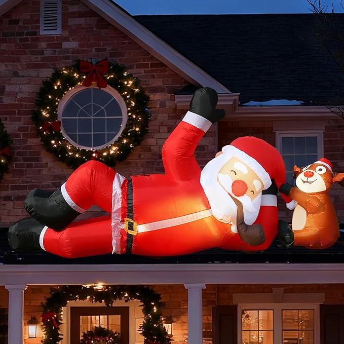 JOYHALO 8FT Christmas Inflatable Lying Santa and Reindeer Outdoor Decorations, Blow Up Yard Decorations with Bright LED Lights, Giant Christmas Inflatables for Roof Indoor Lawn Party Decor