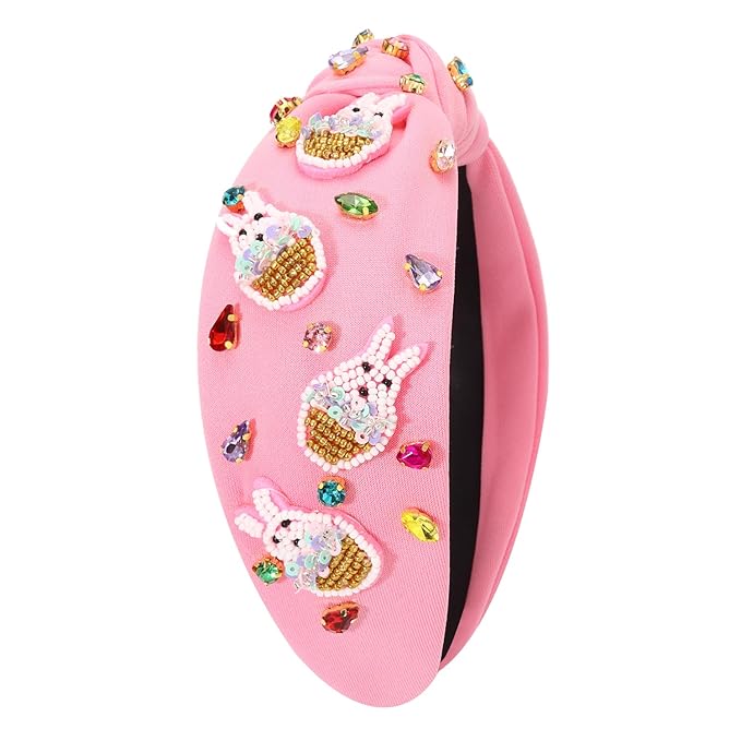 Easter Headbands for Women Girls Cute Easter Bunny Headband Jeweled Crystal Embellished Knotted Headband Holiday Party Hair Accessories (Beaded Bunny-Pink)