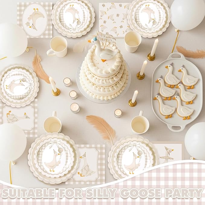 Zhehao 350 Pcs One Silly Goose Birthday Party Tableware Set Beige Scalloped Baby Shower Plates Cup Napkins Forks for Birthday Party Decorations Supplies for 50 Guests