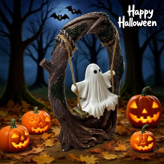 Swinging Ghost on Tree Swing, Cute Swinging Ghost Halloween Figurine Indoor Decoration, Desktop & Bookshelf Decor, Outdoor Courtyard Garden Decoration, Halloween Ghost Gift