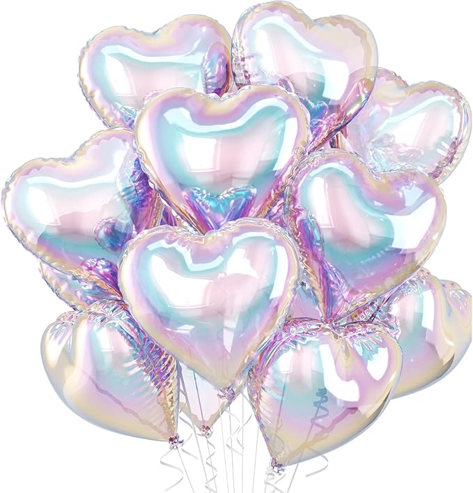 Iridescent Heart Balloons, 10 Pcs Transparent Rainbow Heart Shaped Balloon, 18 Inch Gradient Clear Foil Balloons for Engagement Brithday Baby Shower Wedding Valentines Mermaid Party Decorations