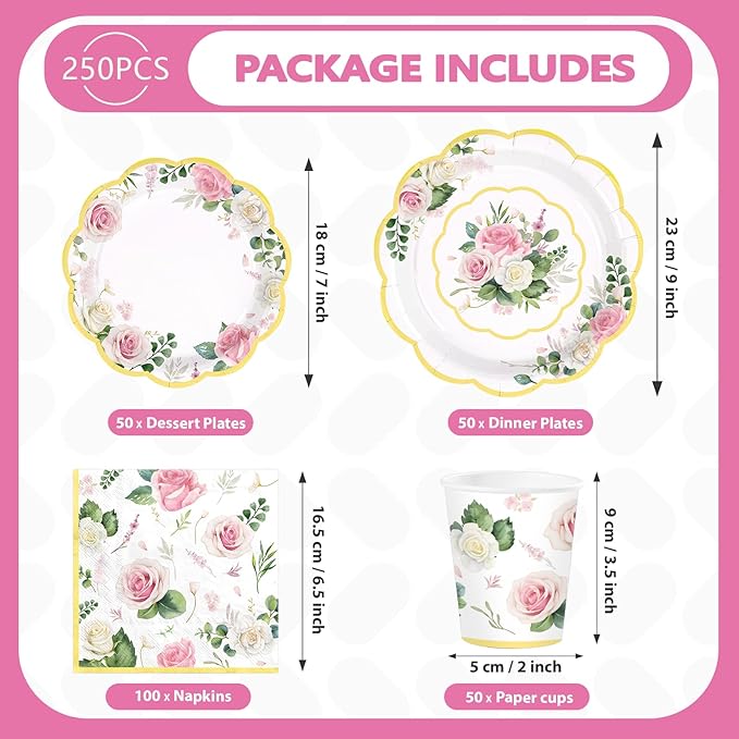 250Pcs Floral Tea Party Supplies Pink Floral Scalloped Plates Napkins Cups Pink Flower Garden Tableware Set for Spring Wedding Bridal Shower Baby Shower Garden Tea Party Decorations Serves 50