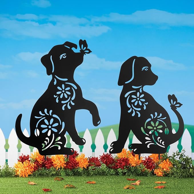 Metal Dog Garden Stake,Metal Dog Garden Decor for Outside,Patio,Outdoor,Charming Set of 2 Dogs Statues for Garden