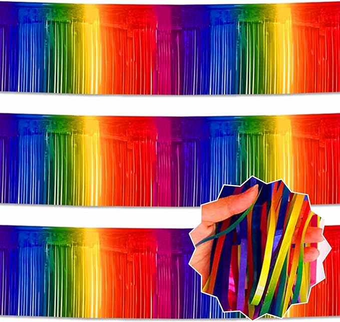3 Pack 10 Ft Dark Rainbow Foil Fringe Garland Metallic Streamers Tinsel Banner Wall Hanging Garland Backdrop for Parade Floats, Halloween, Christmas, Thanksgiving, New Year Party Decorations