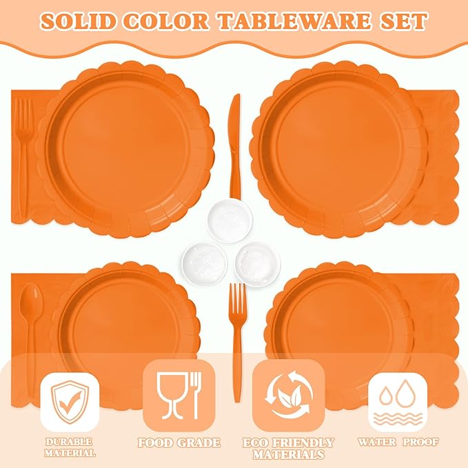 Vyntra 175 Pcs Orange Disposable Paper Plates and Napkins Set for 25, 9" Dinner Plates & 7" Dessert Plates, Tableware for Halloween, Fall Party, Birthday, Picnic