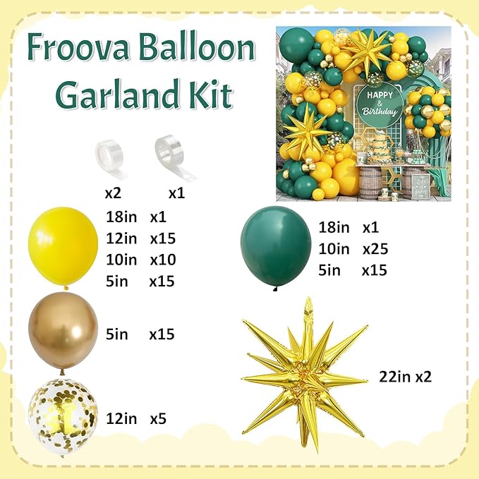Green Yellow Balloon Garland Arch Kit, Dark Green Yellow Metallic Gold Balloon with Gold Confetti Explosion Star Foil Balloon for Birthday Baby Shower class of 2025 Graduation Party Decoration