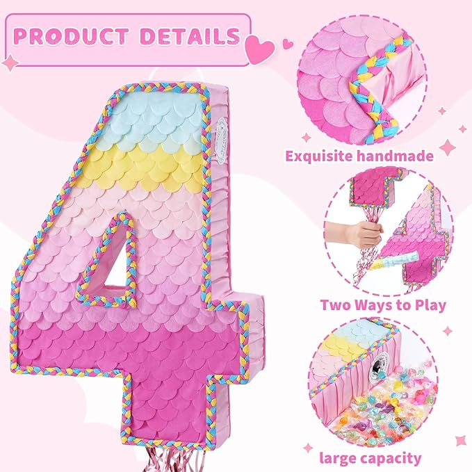 WERNNSAI Pink Sweet Four Piñata - Number 4 Piñata Happy Birthday Decoration Pink Rainbow Design Party Games for Girl Princess Baby Shower Party Favor with Blindfold Anniversary Celebration Supplies