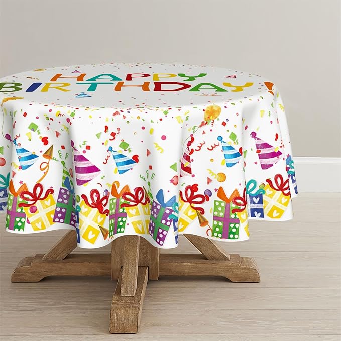 Horaldaily Birthday Tablecloth 60x60 Inch Round, Happy Birthday Ballon White Washable Seasonal Table Cover for Party Picnic Dinner Decor