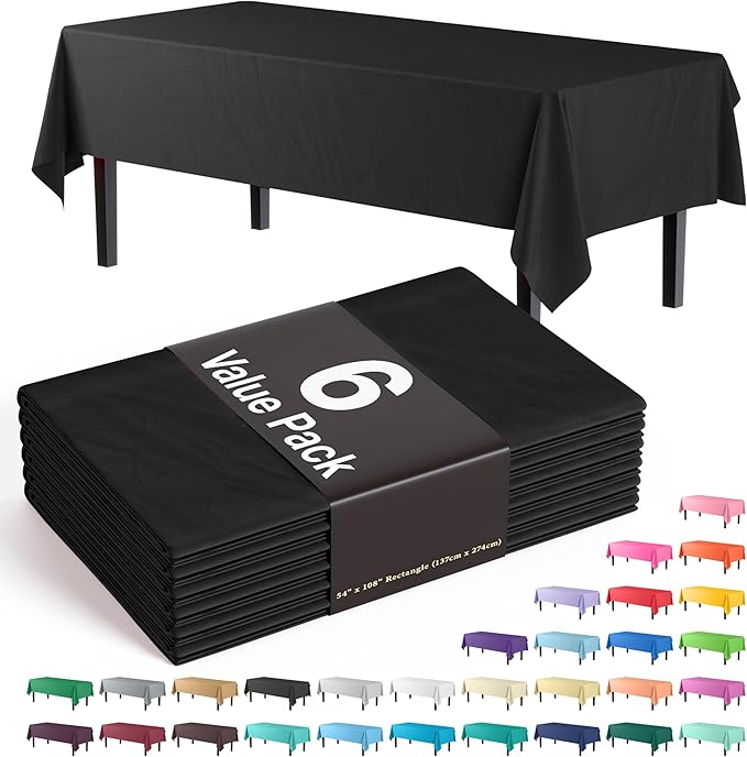 Exquisite 6-Pack Plastic Tablecloth 54x108 Rectangle Value Pack Plastic Table Cover - Black