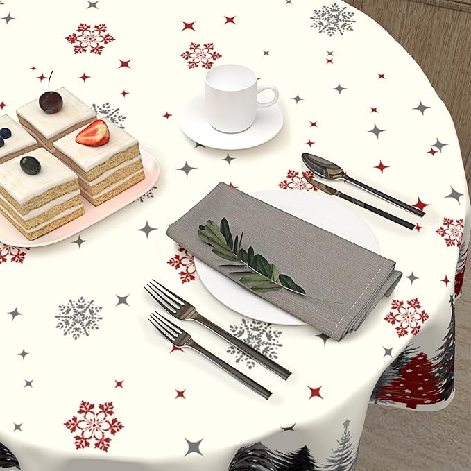 Christmas Snowflake Round Tablecloth 60 Inch Gary and Red Xmas Tree Pattern Circle Table Cloth Winter Holiday Table Cover for Home Kitchen Dinning Party Decor