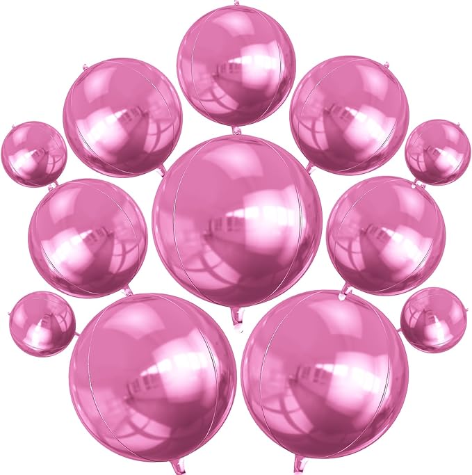 12PCS Pearl Pink Round Foil Balloons, 22" 15" 10" Large 4D Ball Balloons Metallic Pink Mirror Sphere Balloon for Graduation Valentines Day Wedding Women Girls Birthday Party Ceiling Decorations