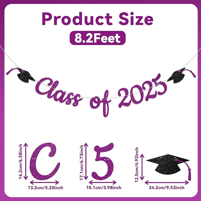 Class of 2025 Banner - 2025 Graduation Party Decorations, Congrats Class of 2025 Grad Decorations, Congratulations Decorations, 2025 Graduation Party Supplies (Purple)