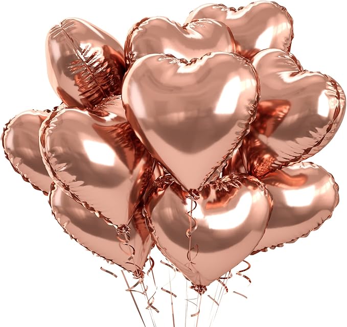 Rose Gold Foil Heart Balloons, 10PCS Rose Gold Heart Shape Balloons, Valentines Balloons 18inch Foil Balloons for Helium Birthday Decorations for Valentines Day, Wedding, Brithday Party, Baby Shower