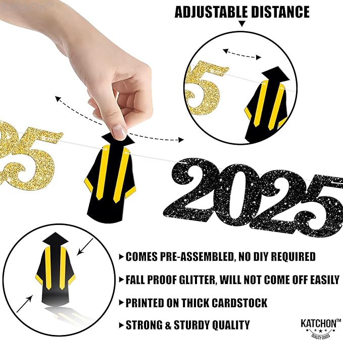 KatchOn, Black and Gold Grad Garland 2025-10 Feet, No DIY | Grad Garland Class of 2025 | Graduation Decorations 2025 | Grad Cap Decor for Graduation Decorations 2025