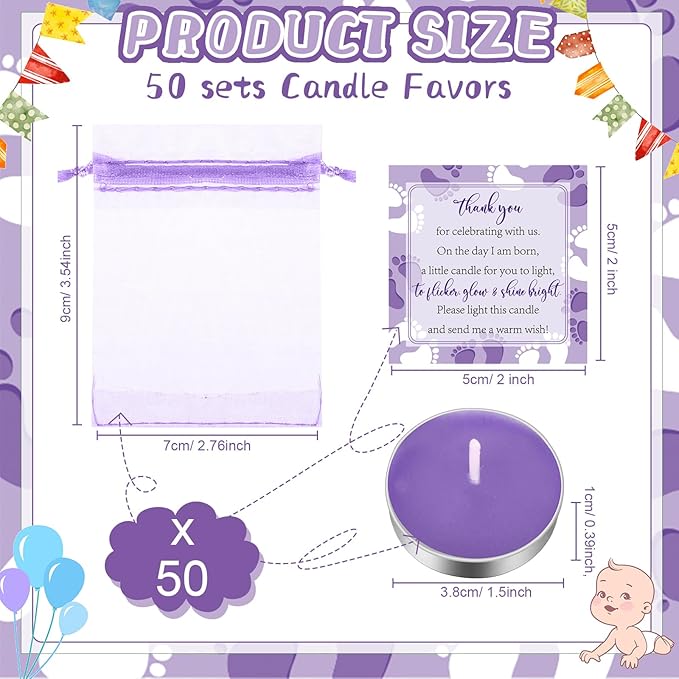 50 Sets Baby Shower Party Favors Including 50 Pcs Unscented Tealight Baby Shower Candles Gift Bags Cards for Gender Reveal Party Supplies(Purple)