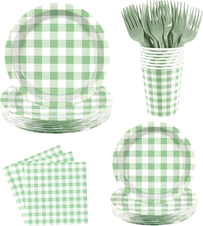 Green Gingham Disposable Party Tableware Set for 30 Guests – 9 & 7 Inch Paper Plates, Cups, Napkins and Forks, Green Checkered Paper Dinnerware for Birthday, Picnic, Baby Shower, Outdoor Gatherings