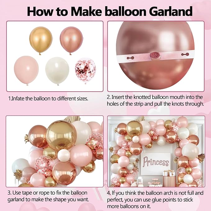 Rose Gold Pink Balloon Arch Kit, Double Stuffed Pearl White Rose Gold Metallic Light Pastel Pink Balloons Garland Kit for Birthday Bridal Shower Wedding Party Decorations