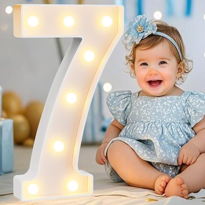 Pooqla Large Light Up Numbers for 7th Birthday Decorations, 12.6 in Tall White Plastic Marquee Numbers Sign Party Decorations, Gift for Girls Boys Night Light Wedding Anniversary Decor, Big Number 7