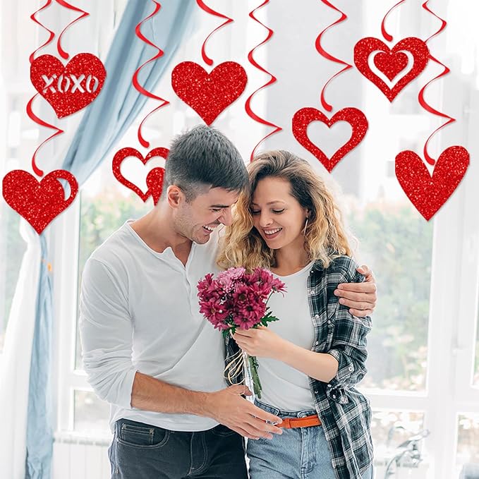 Red Heart Swirls Party-Decorations - 16Pcs Romantic Special Night Galentines Hanging Streamers Garland,Valentines Girl Wedding Anniversary Baby Bridal Shower Birthday Decor Supplies Hugtmr