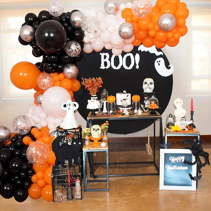 Orange and Black Balloon Arch Kit, 113pcs Black White Orange Confetti Latex Balloon Garland Set with Spike Star for Birthday Graduation Halloween Celebration Trick or Treat Party Party Decoration
