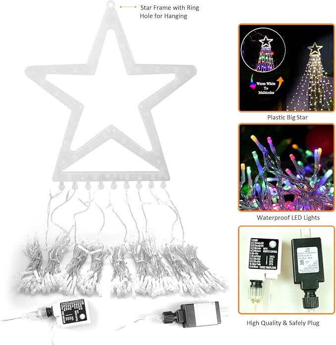Christmas String Lights 317 LED Star Waterfall Twinkle Fairy Lights Color Changing for Christmas Decorations Party Wedding Indoor Outdoor Decorative Lights