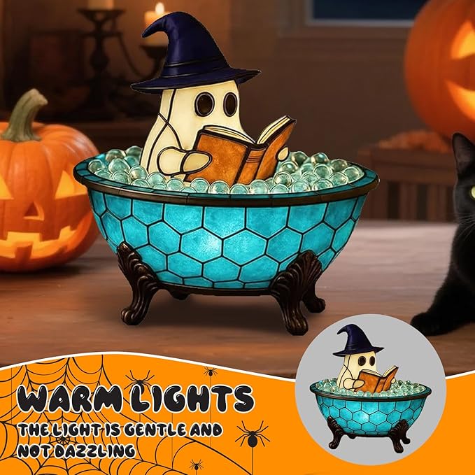 Halloween Ghost Bubble Bath Lamp, Cute Bathtub Ghost Night Lights for Halloween Decor, Reading Books Nightlight, Halloween Decorations for Indoor Readers & Book Lover Desk Home Party