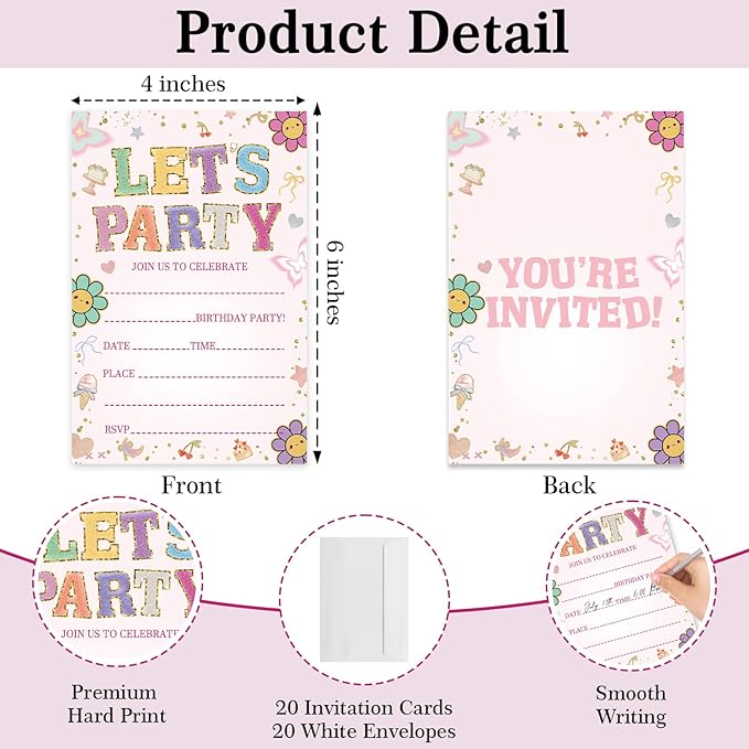 Let's Party Birthday Invitations, Floral Pink Party Invites for Girls, 4 x 6 inch, 20 Pcs Double-Sided Fill In Invitations with Envelopes