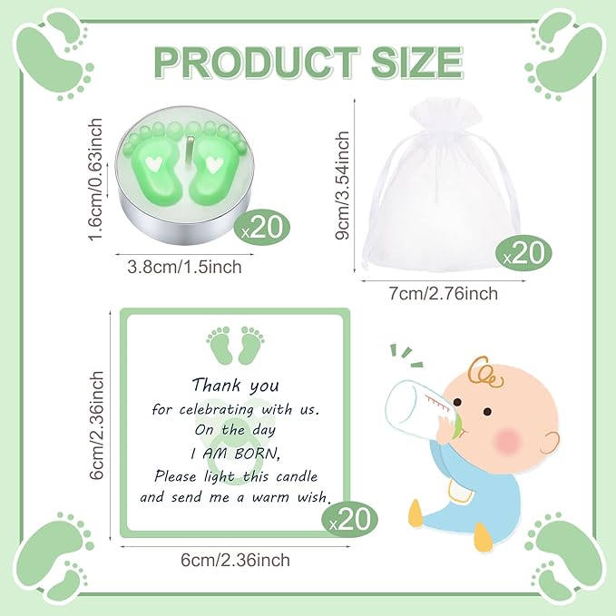 Treela 20 Sets Baby Shower Party Favors Green Tea Lights Candles with Organza Bag for Guests Cute Feet Shaped Burning Thank You Tags Return Gifts Keepsakes for Baby Shower Gender Reveal Party