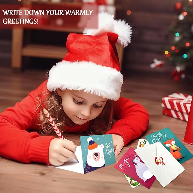 12 Pcs Christmas card with Envelopes & 24 Pcs Sticker,Cartoon animals categories holiday cuteness multiple loose cards with envelopes and written blessing messages,can be given to friends, family, children, boys and girls(dongwu)