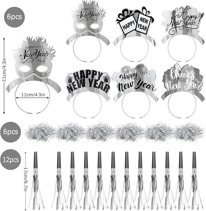 2026 Glitter NYE Party Supplies Decorations, 42pcs New Years Eve party Supplies kits Silver New Year Hats, Happy New Year Headbands, Glasses, Noisemaker, wreath for happy new year