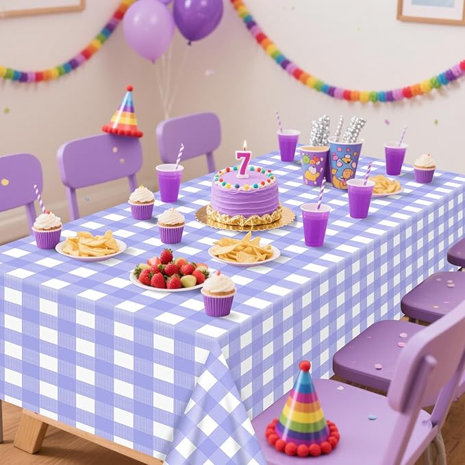 4 Pack Purple Gingham Tablecloths, Purple and White Checkered Tablecloths 86 x 51 Inches Gingham Tablecovers Rectangular Waterproof Picnic Table Covers for Birthday Party Supplies