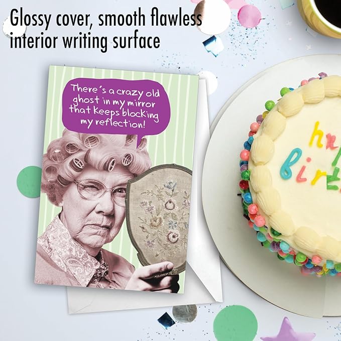 NobleWorks - 1 Hilarious Happy Birthday Card - Funny Old Woman Humor, Celebrate Birthdays - Haunted Mirror C3539BDG