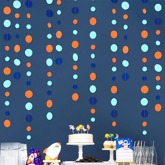 46 Ft Navy Blue Orange and Teal Circle Dots Garland Royal Blue Orange Aqua Polka Dot Hanging Paper Streamer for Birthday Wedding Bridal Baby Shower Outer Space Galaxy Theme Party Decorations Supplies