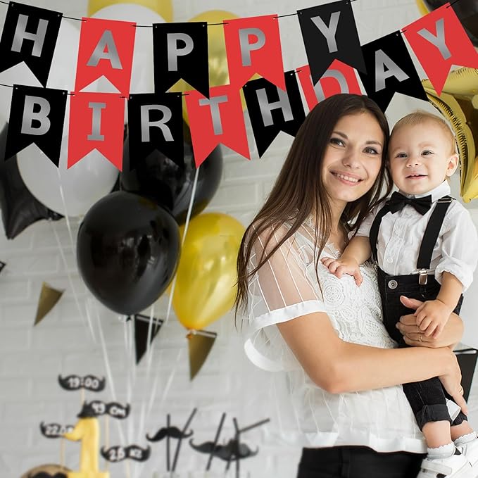 Red Silver Black Happy Birthday Banner Sign Happy Birthday Bunting Banner Garland for Kids Girl Woman Birthday Tea Party Decorations Bunting Flag Birthday Party Supplies