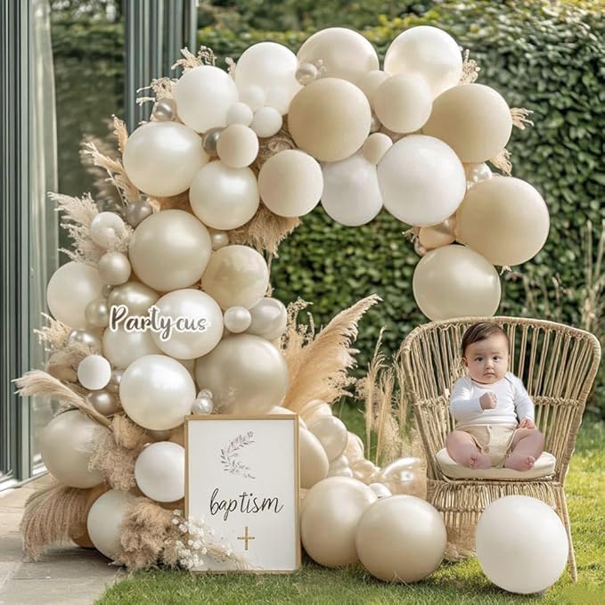 Sand White Pearl Balloon Arch Double Stuffed Pastel Cream Beige Nude White Latex Balloon Garland Kit for Neutral Bridal Wedding Engagement Baptism Birthday Valentines Party Decoration