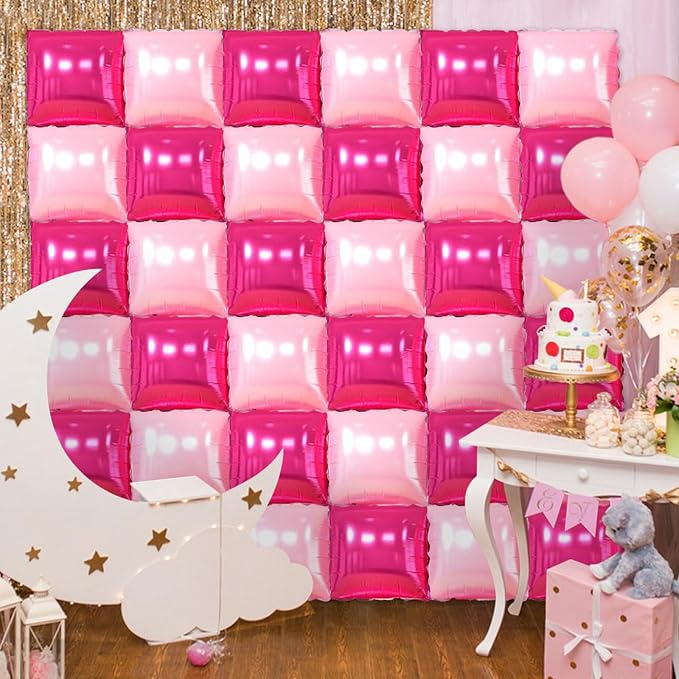 36 Pcs Hot Pink Double Sided Square Foil Balloon Wall Backdrop Metallic Pink Balloons Backdrop Tunnel Arch Kit Mylar Square Balloons for Bachelorette Engagement Wedding Birthday Party Decorations