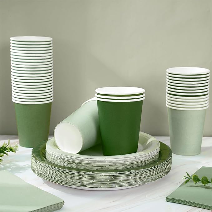 Whaline 244Pcs Sage Green Tableware Set Serves 48 Gradient Green Disposable Dinnerware 48 9" Plates 48 7" Plate 48 9oz Cups 100 Napkins for Wedding Birthday Party Supplies