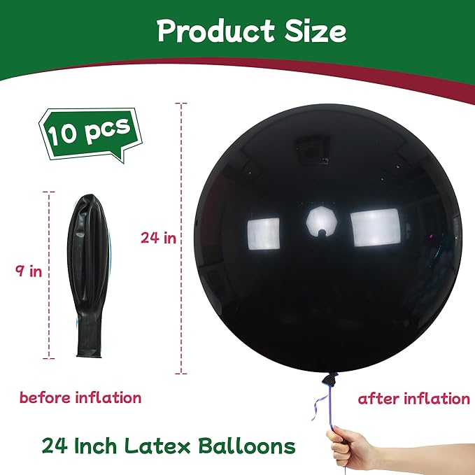 AZOWA 24 Inch Black Balloon 10 Large Latex Balloons for Party Wedding Birthday Baby Shower Decoration (Black, 10 Pcs)