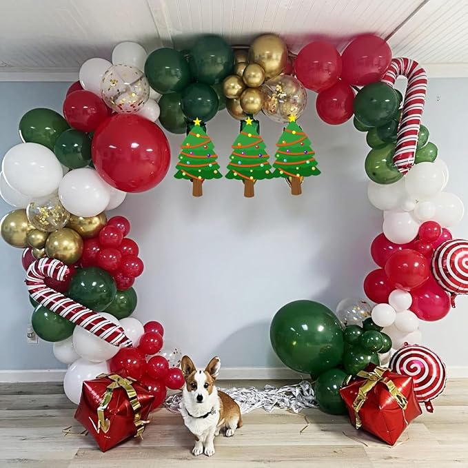 Christmas Balloon Garland Arch Kit, Christmas Red White Green Balloons with Santa Claus Gingerbread Lollipop Cane Windmill Star Foil Balloons, Metalic Gold Balloon for Xmas Party Decorations