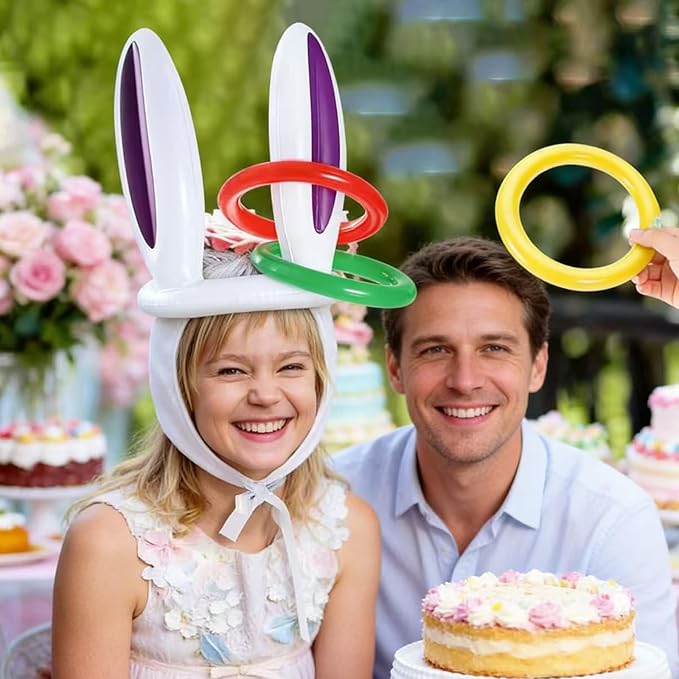 Easter Inflatable Bunny Ring Toss Game Set, Party Supplies with 2 Rabbit Ears, 12 Rings, 1 Inflator, 1 Medal, Carnival Games