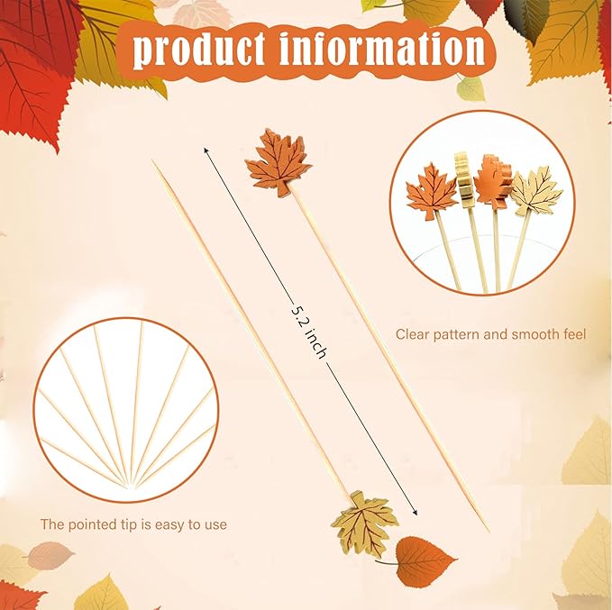 100pcs Fall Maple Leaf Cocktail Picks 5″ Maple Leaves Autumn Theme Decoration Toothpicks Fruit Sticks Skewers for Appetizer Charcuterie Board Accessories Thanksgiving Decorations Themed Party Supplies