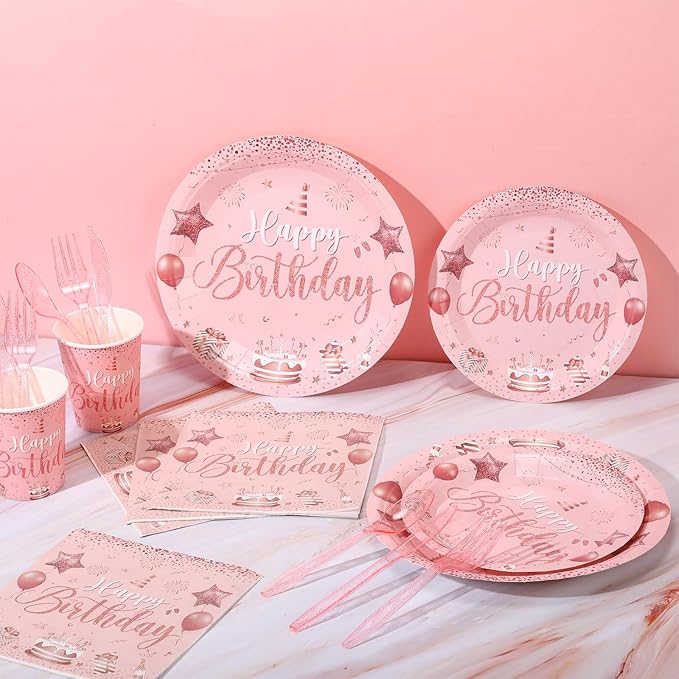 Vesici 171 Pcs Happy Birthday Party Supplies 24 Set Disposable Party Tableware include Plates Cups Napkins Cutlery and Banner Tablecloth Birthday Dinner Decorations for Men Woman(Pink, Rose Gold)