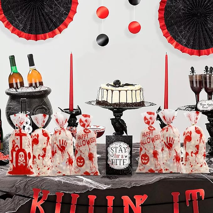 100 PCS Halloween Cellophane Treat Bags(5x11 Inch) with Ties Horror Ghost Blood Theme Trick or Treat Bag Goodie Candy Gifts Bags Pouches for Halloween Wicked Party Favors Supplies Birthday Decorations