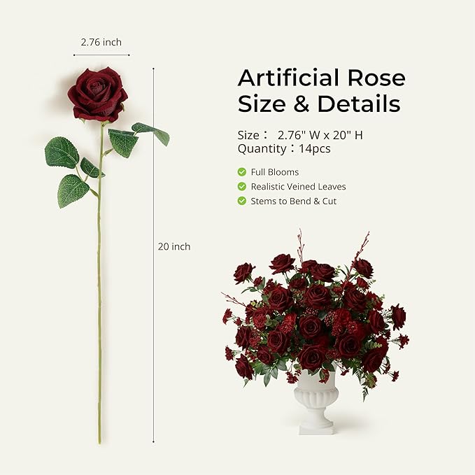 Auihiay 60PCS Burgundy Artificial Roses Bulk, Velvet Silk Fake Roses, Lifelike Burgundy Faux Rose for Valentine's Day, Wedding Centerpieces, Cake, Bridal Bouquets, Anniversary, Home Decorations