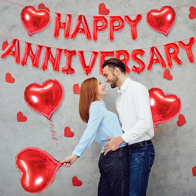 2 Set 16 Inch Happy Anniversary Balloons Letters Banner, Happy Anniversary Decorations, Happy Anniversary Balloons Sign for Valentines Day/Wedding Anniversary Party Decorations (Red Happy Anniversary)