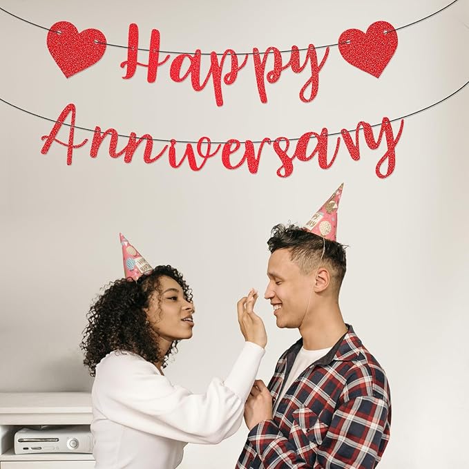 Happy Anniversary Banner, Pre-Strung Party Signs Decorations Glitter Banner for Couple Lovers Weeding Anniverniversary Party Decorations (Red)