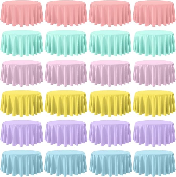 24Pcs 84 Inch Round Pastel Tablecloths, Rainbow Mix Color Plastic Tablecloth Disposable Round Table Covers for Baby Shower,Bridal,Wedding, Easter,Birthday and Ice Cream Party Decoration