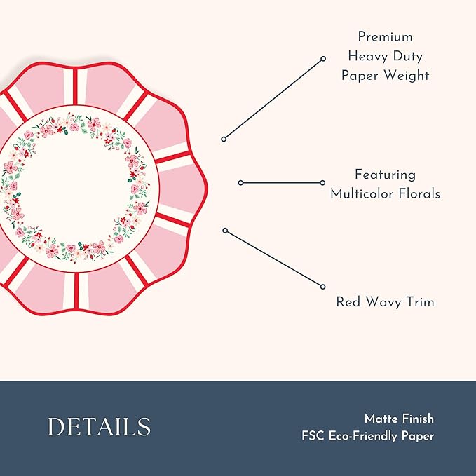 Bonjour Fête Pink & Red Floral Paper Party Dinner Plates | Large Disposable Dinner Plates for Valentine’s Day, Spring Parties & Tea Gatherings | Premium Party Supplies & Decorations | Pack of 8, 11"
