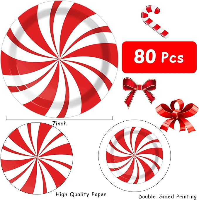 Wiooffen 80Pcs Christmas Peppermint Candy Paper Plates Party Supplies Decorations Candy Mint for Happy New Year Holiday Xmas Peppermint Party Supplies Red and White Striped Disposable Paper Tableware